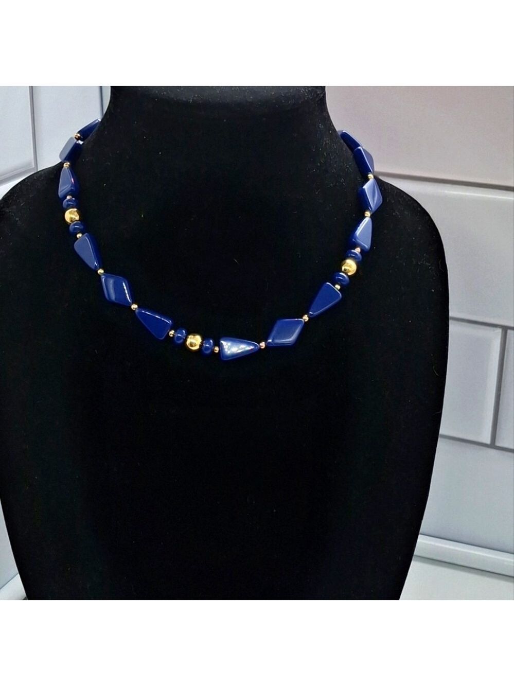 Trifari Vintage Blue and Gold Necklace 16"